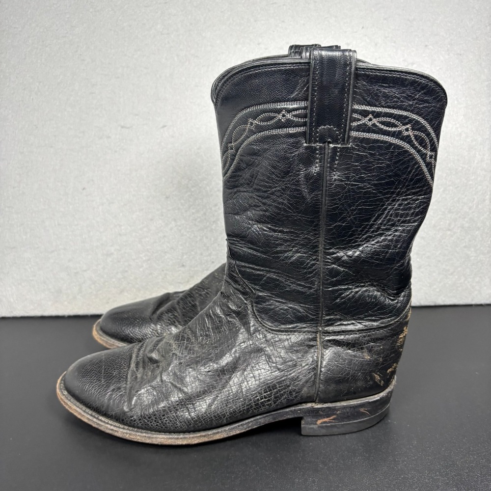Vintage Justin Black Ostrich Leather Roper Boots Size 8 D Style 3172 Cowboy West
